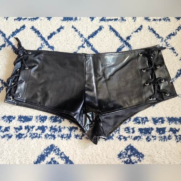 Shiny Black Micro Mini Shorts, Lace-up, Zip Back - Picture 1 of 15